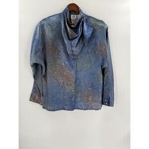 Vintage MADELEINE Women's Blue Floral Blouse Retro Shoulder Pads MEDIUM EUC